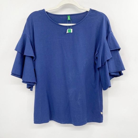 United Colors of Benetton Ruffled Top Blue Solid Size XS 100% Cotton NWT - Picture 1 of 10